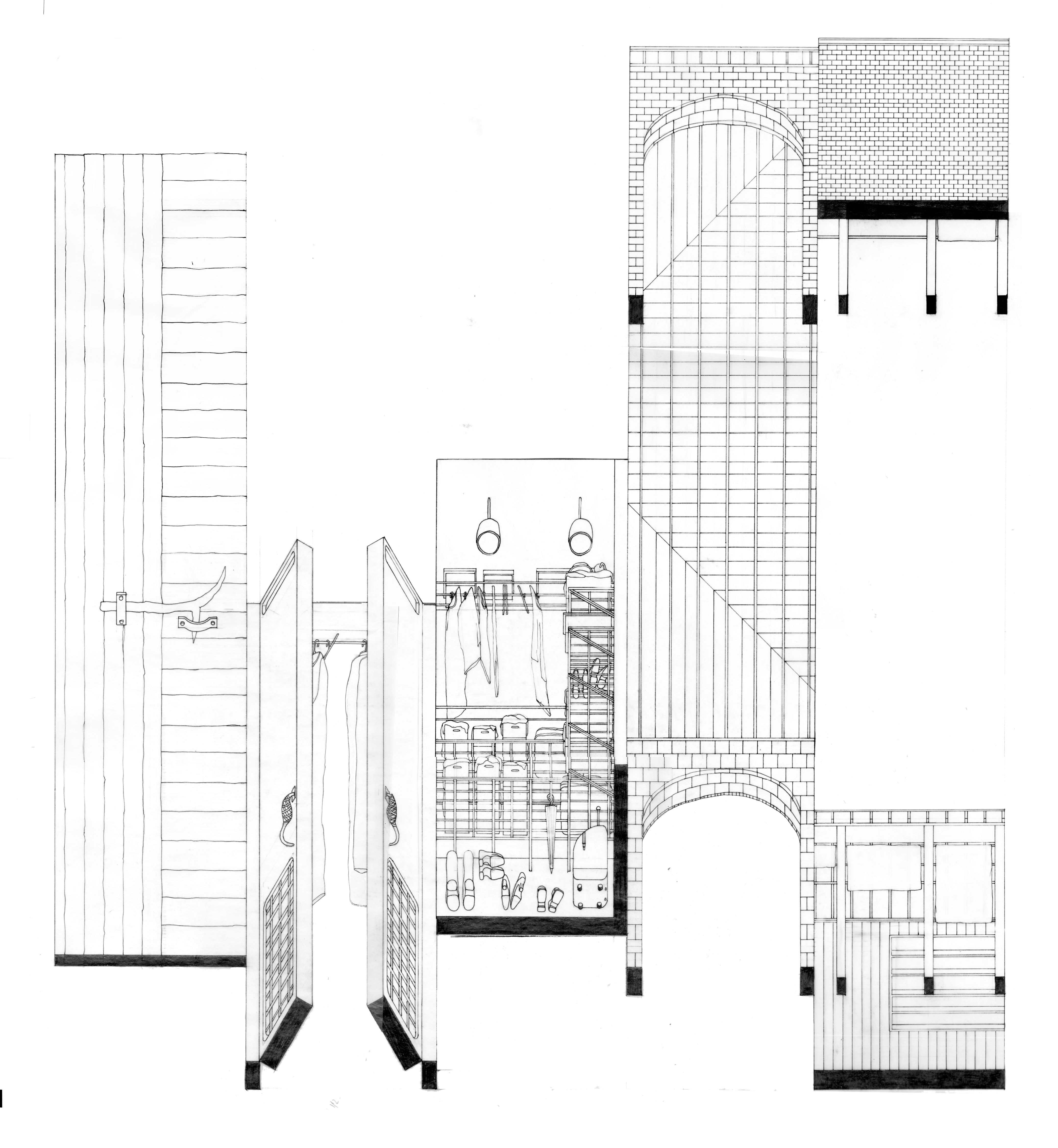 Projected at zero degrees, five types of closets are shown in black and white linework. From a forked branch door latch - the root meaning of the word closet -  on the left, to a cloister - a space derived from the idea of a closet on right.
